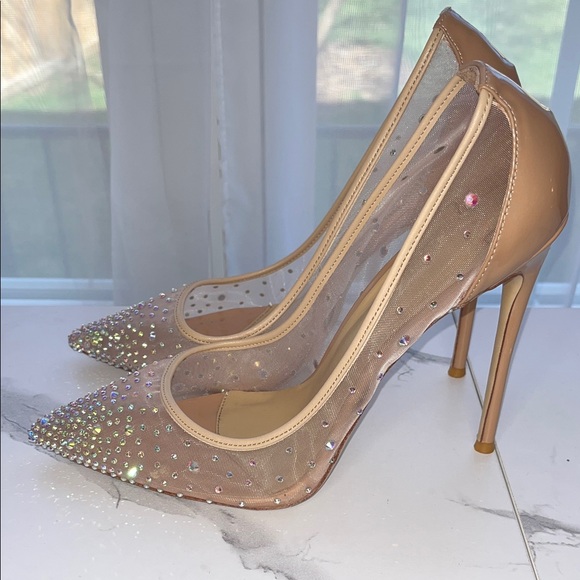 Rhinestone Nude Patent Leather & Mesh Heels - Size 42 - Picture 5 of 11